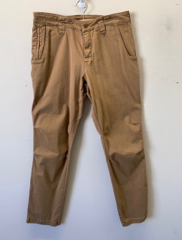 Mens, Casual Pants, VERTX, Lt Brown, Cotton, Spandex, Solid, Ins:34, W:32, Stretch Twill, Straight Leg, 6 Pockets Including 2 Tiny Welt Pockets at Bum with Brown Leather Trim, Wide Belt Loops, Unusual Pleats at Knees