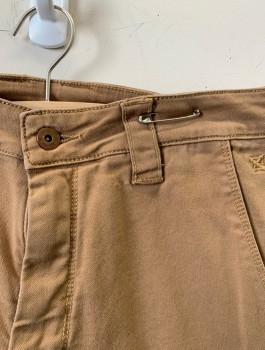 VERTX, Lt Brown, Cotton, Spandex, Solid, Stretch Twill, Straight Leg, 6 Pockets Including 2 Tiny Welt Pockets at Bum with Brown Leather Trim, Wide Belt Loops, Unusual Pleats at Knees