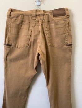 VERTX, Lt Brown, Cotton, Spandex, Solid, Stretch Twill, Straight Leg, 6 Pockets Including 2 Tiny Welt Pockets at Bum with Brown Leather Trim, Wide Belt Loops, Unusual Pleats at Knees