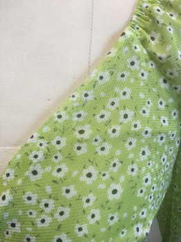 4SI3NNA, Lime Green, White, Black, Polyester, Floral, Lime with White and Black Tiny Flowers Pattern Sheer Mesh, Solid Opaque Lime Jersey Lining, Long Sheer Sleeves, Plunging Neckline with Wrapped V Neck, **Barcode Behind Wrap Closure in Front