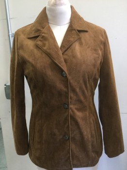 Womens, Leather Jacket, AC, Tobacco Brown, Suede, Solid, L, Button Front, Notched Lapel, Fitted, Slit Pockets