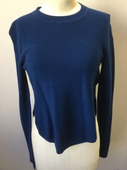 ALC, Royal Blue, Cotton, Solid, Crew Neck, Long Sleeves, Ribbed, High Low
