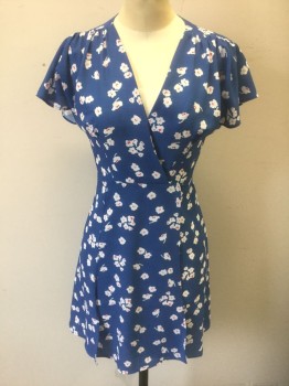 Womens, Dress, Short Sleeve, FRENCH CONNECTION, Blue, White, Multi-color, Polyester, Elastane, Floral, B32, 2, W26, Cerulean Blue with White Flowers with Fuchsia Accents, Crepe, Wrapped V-neck, Gathered at Shoulder Seams, Wrapped Look Skirt, Hem Above Knee, Self Ties at Waist