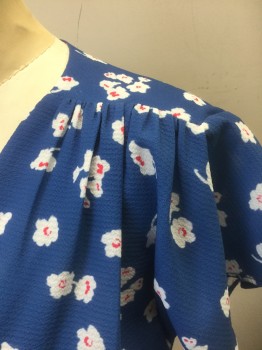 Womens, Dress, Short Sleeve, FRENCH CONNECTION, Blue, White, Multi-color, Polyester, Elastane, Floral, B32, 2, W26, Cerulean Blue with White Flowers with Fuchsia Accents, Crepe, Wrapped V-neck, Gathered at Shoulder Seams, Wrapped Look Skirt, Hem Above Knee, Self Ties at Waist