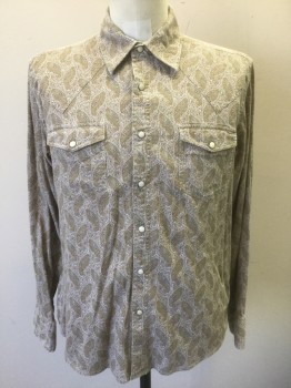 ELLINGTON FOUND, Lt Olive Grn, Off White, Lt Blue, Brown, Cotton, Paisley/Swirls, Busy Paisley Pattern, Long Sleeves, Snap Front, Collar Attached, Cream and Silver Snaps, 2 Pockets with Snap Closures, Western Style Yoke