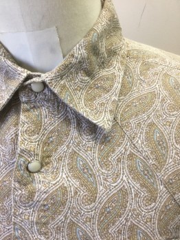 Mens, Western, ELLINGTON FOUND, Lt Olive Grn, Off White, Lt Blue, Brown, Cotton, Paisley/Swirls, M, Busy Paisley Pattern, Long Sleeves, Snap Front, Collar Attached, Cream and Silver Snaps, 2 Pockets with Snap Closures, Western Style Yoke