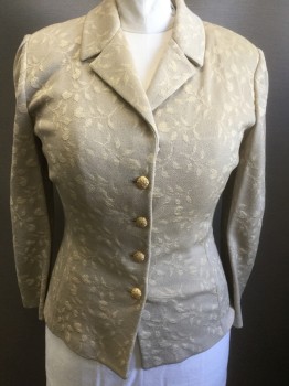 Womens, 1990s Vintage, Suit, Jacket, ST. JOHN EVENING, Beige, Gold, Wool, Lurex, Leaves/Vines , B:40, 14, W:32, Beige with Gold Metallic Vines Textured Pattern, Knit, Single Breasted, 4 Gold Sparkly Buttons, Notched Lapel, Padded Shoulders,