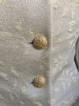 ST. JOHN EVENING, Beige, Gold, Wool, Lurex, Leaves/Vines , Beige with Gold Metallic Vines Textured Pattern, Knit, Single Breasted, 4 Gold Sparkly Buttons, Notched Lapel, Padded Shoulders,