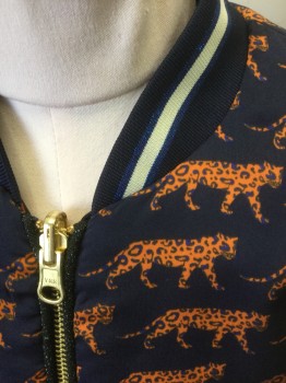 SCOTCH & SODA, Navy Blue, Rust Orange, Terracotta Brown, Animals, Abstract , **Reversible** Jacket, One Side is Navy with Rust Leopards Pattern, Opposite Side is Rust and Terracotta Chevron Pattern, Bomber Jacket, Zip Front, Navy with Cream and Iridescent Blue Stripes Rib Knit Neck, Cuffs & Waistband, 2 Pockets on Either Side **Barcode Located in Pocket