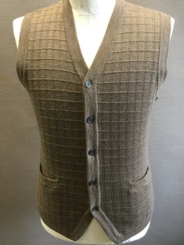 Mens, Sweater Vest, JOSEPH & LYMAN, Coffee Brown, Wool, Small, 5 Buttons, 2 Pockets, Plaid Texture Knit,