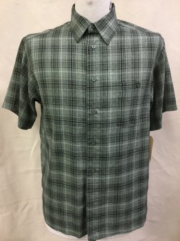 HAGGAR, Forest Green, Black, White, Polyester, Plaid, Button Front, Short Sleeves, Collar Attached, 1 Pocket,