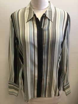 M.I.C. STUDIO, Beige, Black, Slate Blue, Charcoal Gray, Silk, Stripes - Vertical , Crepe, Long Sleeve Button Front, Collar Attached