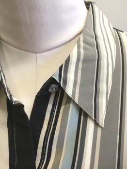 M.I.C. STUDIO, Beige, Black, Slate Blue, Charcoal Gray, Silk, Stripes - Vertical , Crepe, Long Sleeve Button Front, Collar Attached