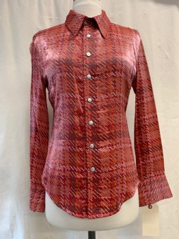 DIESEL, Red, Brown, Orange, White, Dk Gray, Synthetic, Dots, Plaid, Snap Button Front, Collar Attached, Long Sleeves, Novelty Dotted Plaid, Sheen, 1990's