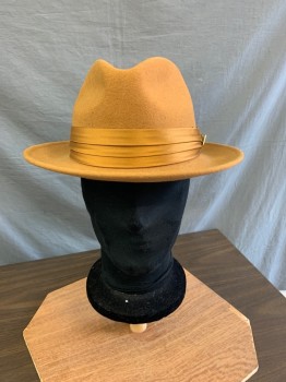 Mens, Fedora, STACY ADAMS, Tan Brown, Wool, Solid, 7 1/4, M, 58, Tan Silk Hat Band with Space Age, Logo Pin