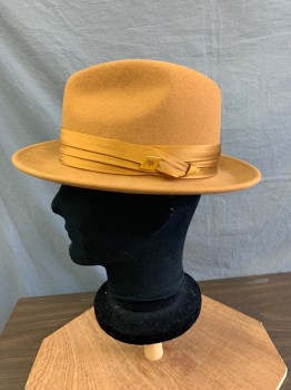 Mens, Fedora, STACY ADAMS, Tan Brown, Wool, Solid, 7 1/4, M, 58, Tan Silk Hat Band with Space Age, Logo Pin
