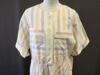 THE SPORTSDRESS, Cream, Lt Pink, Lt Yellow, Lilac Purple, Cotton, Polyester, Stripes - Vertical , Stripes - Diagonal , Crew Neck, 2 Asymmetric Pocket, Half Button, Short Sleeve Cuffs, Elastic Waist, Fit and Flare