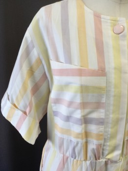 THE SPORTSDRESS, Cream, Lt Pink, Lt Yellow, Lilac Purple, Cotton, Polyester, Stripes - Vertical , Stripes - Diagonal , Crew Neck, 2 Asymmetric Pocket, Half Button, Short Sleeve Cuffs, Elastic Waist, Fit and Flare