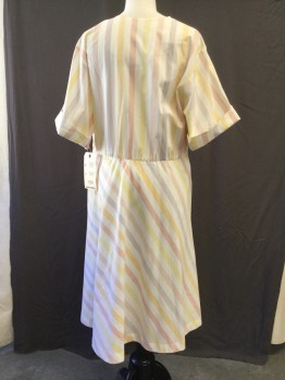 THE SPORTSDRESS, Cream, Lt Pink, Lt Yellow, Lilac Purple, Cotton, Polyester, Stripes - Vertical , Stripes - Diagonal , Crew Neck, 2 Asymmetric Pocket, Half Button, Short Sleeve Cuffs, Elastic Waist, Fit and Flare