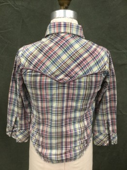 KM KOUNTRY, Pink, Mint Green, Dk Green, Yellow, Blue, Polyester, Cotton, Plaid, Snap Front, Collar Attached, Western Yoke with Dark Mauve Piping, 2 Flap Pockets, Long Sleeves, Snap Cuff