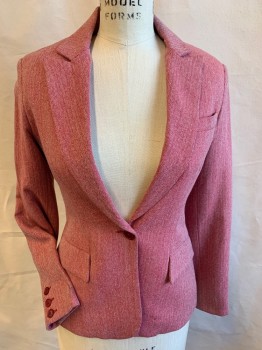 A. PRIME, Dk Red, Tan Brown, Wool, Herringbone, Heathered, Jacket: Solid Dark Red Lining, Notched Lapel, Single Breasted, 1 Large Dark Red Button Front, 3 Pockets (the Bottom 2 with Flap), Long Sleeves, 1 Split Back Center Hem, with Matching Skirt