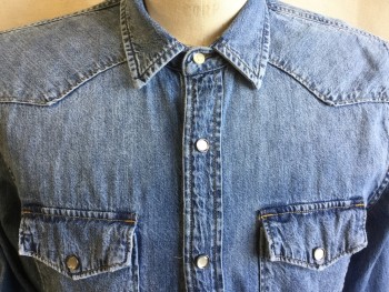 Mens, Western, LUCKY BRAND, Blue, Cotton, Solid,  , M, Washed Out Blue Denim, Western, Collar Attached, Yoke Front & Back,  Milky with Silver Trim Button Front, 2 Pockets with Flap, Long Sleeves, Curved Hem