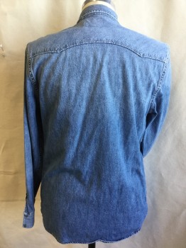 LUCKY BRAND, Blue, Cotton, Solid, Washed Out Blue Denim, Western, Collar Attached, Yoke Front & Back,  Milky with Silver Trim Button Front, 2 Pockets with Flap, Long Sleeves, Curved Hem