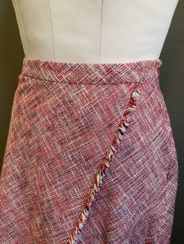 Womens, Skirt, Knee Length, BANANA REPUBLIC, Red, White, Navy Blue, Cotton, Acrylic, Speckled, 2 Color Weave, Sz. 8, Multicolor Coarse Weave, Faux Wrap Skirt with Frayed Edges, 1" Wide Self Waistband, Invisible Zipper at Side