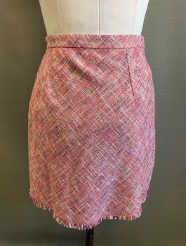 Womens, Skirt, Knee Length, BANANA REPUBLIC, Red, White, Navy Blue, Cotton, Acrylic, Speckled, 2 Color Weave, Sz. 8, Multicolor Coarse Weave, Faux Wrap Skirt with Frayed Edges, 1" Wide Self Waistband, Invisible Zipper at Side