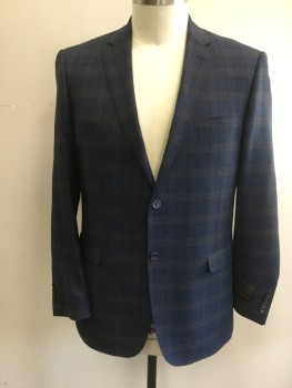 TIGLIO, Navy Blue, Gray, Wool, Plaid, Single Breasted, Collar Attached, Notched Lapel, Hand Picked Collar/Lapel, 2 Buttons,  3 Pockets