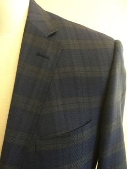TIGLIO, Navy Blue, Gray, Wool, Plaid, Single Breasted, Collar Attached, Notched Lapel, Hand Picked Collar/Lapel, 2 Buttons,  3 Pockets