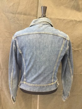 Mens, Jean Jacket, LEE, Blue, Cotton, Solid, M, Button Front, Collar Attached, 2 Flap Pockets, 2 Pleat Stripes, Long Sleeves, Button Tabs Back Waist