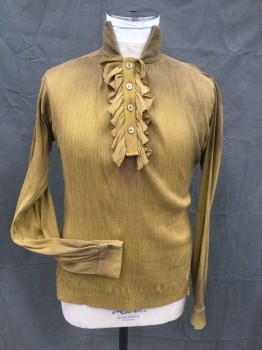 Mens, Historical Fiction Shirt, MTO, Dk Olive Grn, Cotton, Solid, 16/36, Crinkle Pleated, 2 3/4" Stand Collar, 1/4 Button Placket, Detachable Ruffle Placket, Long Sleeves, Button Cuff, Shorter Hem in Back, Aged/Distressed **Ruffled Placket is Removable