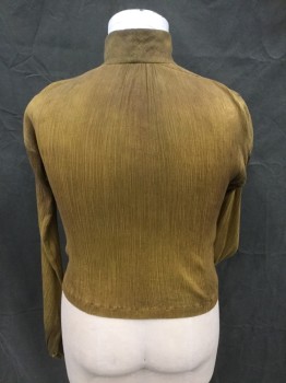 Mens, Historical Fiction Shirt, MTO, Dk Olive Grn, Cotton, Solid, 16/36, Crinkle Pleated, 2 3/4" Stand Collar, 1/4 Button Placket, Detachable Ruffle Placket, Long Sleeves, Button Cuff, Shorter Hem in Back, Aged/Distressed **Ruffled Placket is Removable