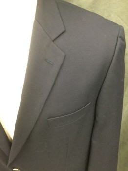 BOTANY, Navy Blue, Wool, Solid, Single Breasted, 2 Gold Buttons, Collar Attached, Notched Lapel, 3 Pockets, Long Sleeves
