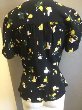 CHELSEA, Black, Chartreuse Green, Blush Pink, Forest Green, Viscose, Floral, V-neck, Button Front, Rouching at Shoulders, Short Sleeves with Gathering, Peplum, Side Zipper