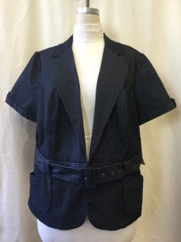 Womens, Blazer, TORRID, Charcoal Gray, Poly/Cotton, Spandex, Stripes - Pin, 3 X, Button Front, Collar Attached, Notched Lapel, Hook & Eye Closures, 2 Pockets, Belt, Short Sleeves,