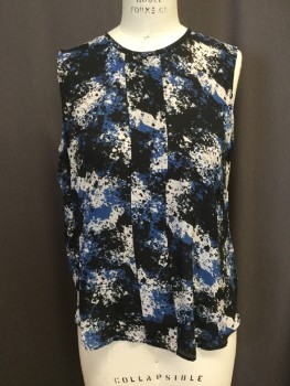Womens, Shell, VINCE CAMUTO, Black, Blue, Cream, Polyester, Mottled, M, Bold Scale Splotchy Print of Black Blue and Creme, Crew Neck with Box Pleat Center Front, Sleeveless