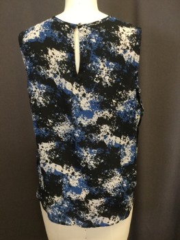 VINCE CAMUTO, Black, Blue, Cream, Polyester, Mottled, Bold Scale Splotchy Print of Black Blue and Creme, Crew Neck with Box Pleat Center Front, Sleeveless