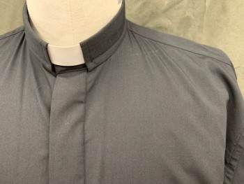 Unisex, Shirt, CHURCH WEAR, Black, White, Poly/Cotton, Solid, 34, 15.5, Button Front with Hidden Placket, Long Sleeves, Collar Attached Tacked Down, 1 Pocket, White Plastic Collar, Priest, Clergy
