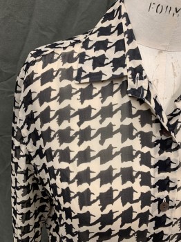 DRIES VAN NOTEN, Black, Antique White, Silk, Houndstooth, Sheer, Abstract Houndstooth, Button Front, Collar Attached, Long Sleeves, Extended Cuff *top Button and 1 Other Missing*