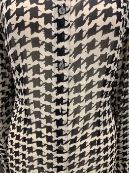 DRIES VAN NOTEN, Black, Antique White, Silk, Houndstooth, Sheer, Abstract Houndstooth, Button Front, Collar Attached, Long Sleeves, Extended Cuff *top Button and 1 Other Missing*