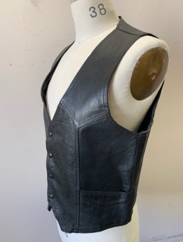 Mens, Leather Vest, N/L, Black, Leather, Solid, M, Biker Vest, Snap Front, V-neck, Western Style Yoke, 2 Pockets