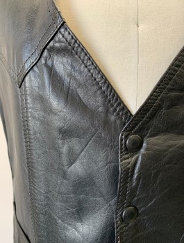 Mens, Leather Vest, N/L, Black, Leather, Solid, M, Biker Vest, Snap Front, V-neck, Western Style Yoke, 2 Pockets