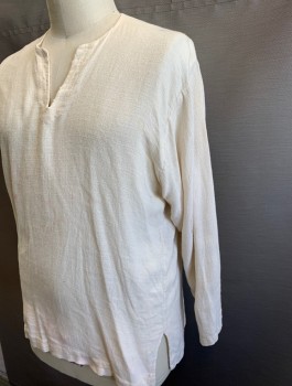 Mens, Historical Fiction Shirt, N/L MTO, Cream, Linen, Solid, XL, Pullover, Long Sleeves, Round Neck with V-Notch, Holes for Laces But Has No Laces at Neck and Cuffs, Many Stains Throughout Including Blood, Dirt, Etc, Made To Order Reproduction, Pirate, Peasant