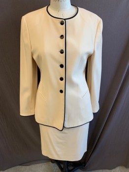 Womens, 1990s Vintage, Suit, Jacket, ESCADA, Beige, Wool, B: 38, Single Breasted, Button Front, Black Trim, 2 Faux Pocket