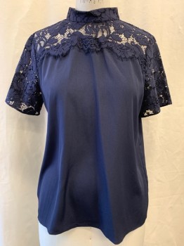 Womens, Blouse, ANN TAYLOR, Navy Blue, Polyester, Nylon, M, Mock Neck, Lace Neck & Yoke, Short Sleeves, Key Hole Back with Buttons at Neck