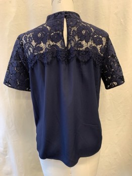 Womens, Blouse, ANN TAYLOR, Navy Blue, Polyester, Nylon, M, Mock Neck, Lace Neck & Yoke, Short Sleeves, Key Hole Back with Buttons at Neck