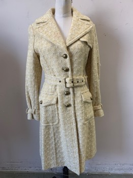 NL, Yellow, White, Taupe, Cotton, Wool, Tweed, Matching Belt, Matching Removable Straps at Cuffs, Multi Color Weave Creating Round Pattern, Collar Attached, Single Breasted, Button Front, 2 Pockets