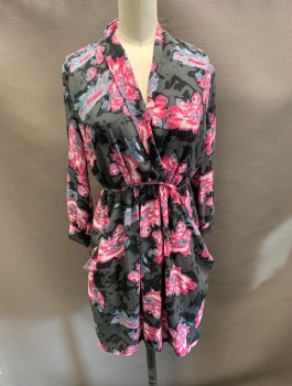 Womens, Dress, Long & 3/4 Sleeve, AQUA, Pink, Gray, White, Black, Lt Gray, Polyester, Floral, XS, Surplus CF, with Tie Bk Closure, Pockets.